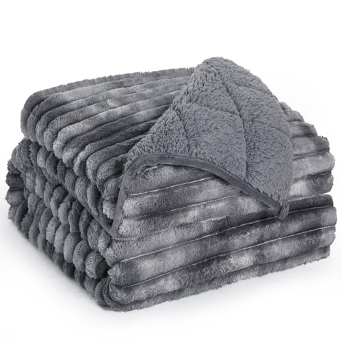 Image of Ultra-Soft Weighted Blanket for Adults(15 lbs, 60 inch x 80 inch Queen Size) 3D Striped Sherpa Fleece Reversible Heavy Blanket with Glass Beads, Perfect for 140-190 lbs, Machine Washable, Tie-dye Grey