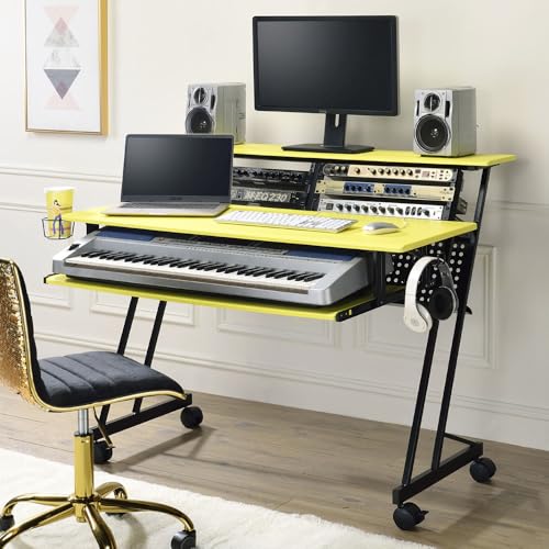 VeroFree Music Recording Studio Desk with Keyboard Tray, Yellow & Black Compact Workstation for Living Room, Office – Ergonomic Design for Producers & Musicians (Yellow + Black)