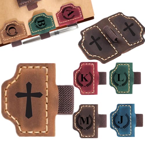 Image of Custom Bookmark with Pen Holder with 26 Letters Personalized Magnetic Leather Book Mark, Customized Name Book Marker Clip with Initial for Men Women, Gifts for Book Lovers, Readers (Brown, Cross-1)