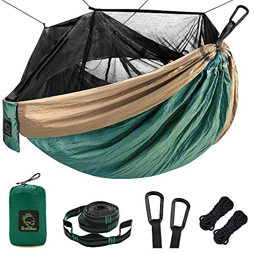 Single & Double Camping Hammock with Mosquito/Bug Net, Portable Parachute Nylon Hammock
