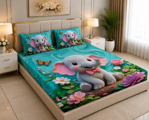 Image of 7D Digital Printed King Size Bedsheet | 240TC Premium Cotton Feel Microfiber with 2 Pillow Covers | Soft Breathable & Wrinkle Free Bedding Set | (Elephant, King Size-90x100 Inch)