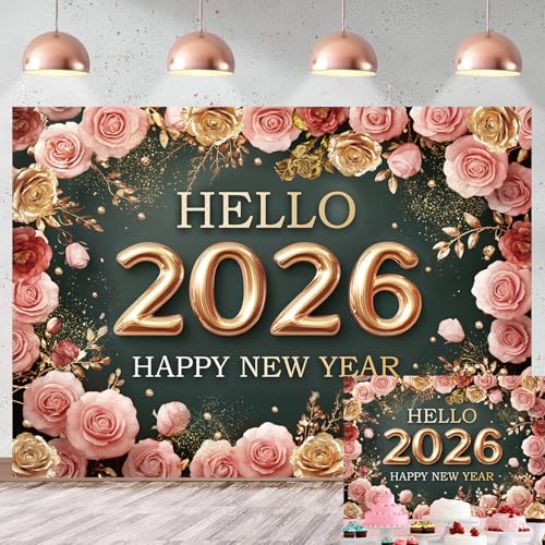 Happy New Year Backdrop Hello 2026 New Years Eve Photography Background for 2026 New Year Party Decoration Supplies (8x6FT(240x180cm))