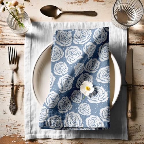 Vargottam Servilletas de Lona de algodón de Lujo - Juego de 12, 20 Pulgadas, Elegante Estampado de Rosas esbozadas en Tono Azul, servilletas de Tela Gruesas de Primera Calidad para cenas Elegantes