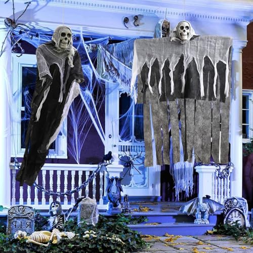 Ajuanbazha Decorazioni Halloween Fantasma da Appendere, 2 Pezzi Scheletro con Teschio e Garza, Spaventose Decorazioni Horror per Casa Infestata, Giardino, Interno ed Esterno