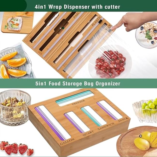 9 In 1 Storage Bag Organizer And Plastic Wrap Dispenser With Cutter, Bamboo Foil and Plastic Wrap Organizer(Natural)
