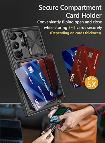 Image of Vihibii for Samsung Galaxy S23 Ultra Back Cover with Card Holder (4 Cards) & Slide Camera Cover & Kickstand, Rugged Hard Back & TPU Soft Edge Case for Galaxy S23 Ultra 5G 6.8 inch 2023, Black