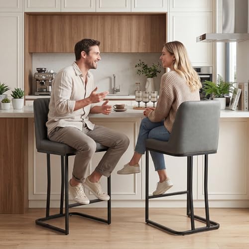 Image of LSSBOUGHT Counter Height Bar Stools Set of 2 24'' Upholstered Padded Barstools with Back Glam Kitchen Island Chairs with Black Metal Iron Frame (Gray,2pcs)
