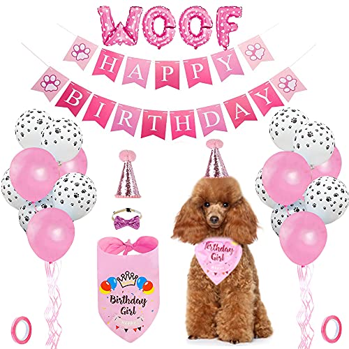 Dog Birthday Party Supplies Dog Birthday Bandana Hat Set Bandana Happy Birthday Banner Triangle Scarf 12 Inch Paw Print Balloon Cute Bowtie for Pet Boy/Girl Party Accessories (pink)