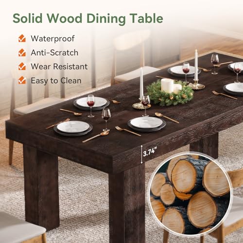 TRIBEWOOD Solid Wood Dining Table for 4-6, 63-Inch Farmhouse Kitchen Table with Heavy Duty Legs, Wooden Rectangular Dinner Tables for Kitchen & Dining Room, Walnut Brown - image 6