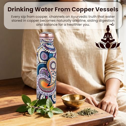 Image of Craft Trade Pure Copper Water Bottle 32 oz / 950ml with Traditional Paisley Ethnic Print | Leak Proof Ayurvedic Healing Copper Flask for Sports, Fitness & Gifting