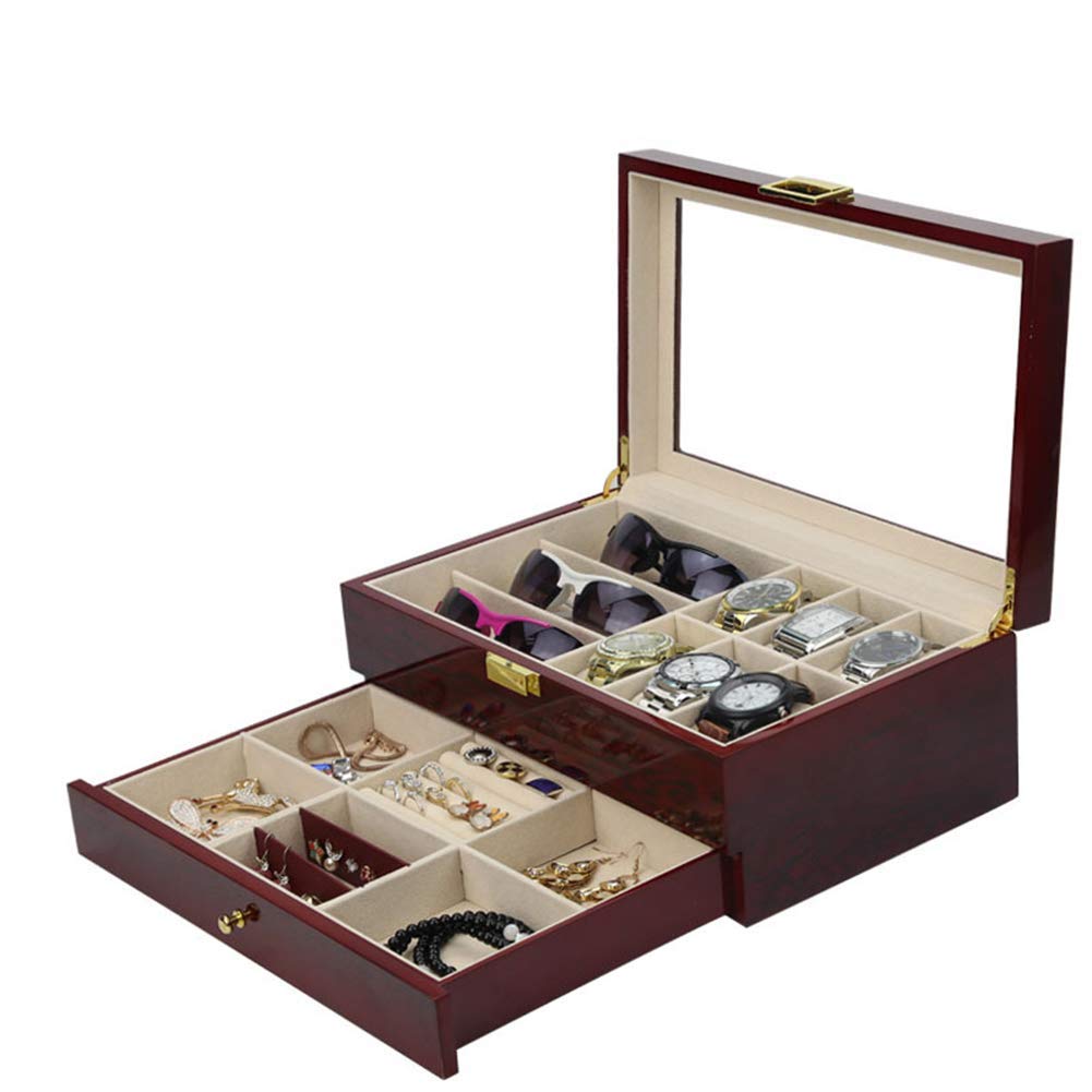 Uhrenbox aus Holz mit Schublade, Uhrenbox-Organizer mit 6 Fächern, doppellagige Uhrenvitrine, für Damen und Herren