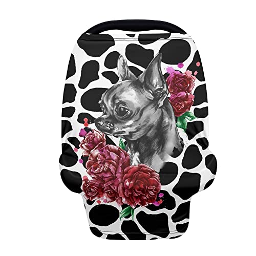 JEOCODY Dogs and Pink Rose Cow Print Carseat Canopy Mother Nursing Cover Women Breastfeeding Canopy Scarf Privacy Protection for Outdoor Shopping Car Accessories