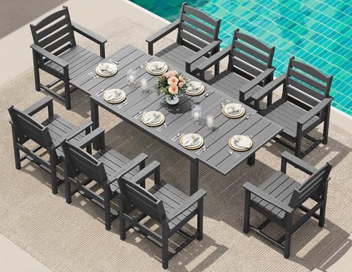 SERWALL 9-Piece Outdoor Dining Set, 60' - 83' Expandable Outdoor Dining Table and 8 HDPE Chairs, All Weather HDPE Outdoor Furniture Set for Backyard, Garden, Grey