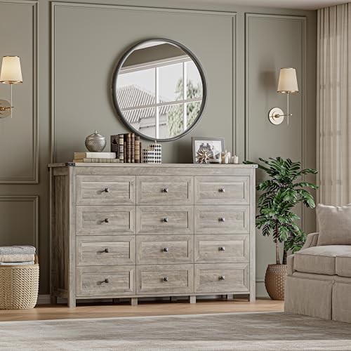 Image of BORNOON 12-Drawer Dresser, Modern Wooden Storage Chest of Drawers, Dresser TV Stand, Wood Drawer Organizer with Metal Handles for Bedroom, Living Room, Hallway