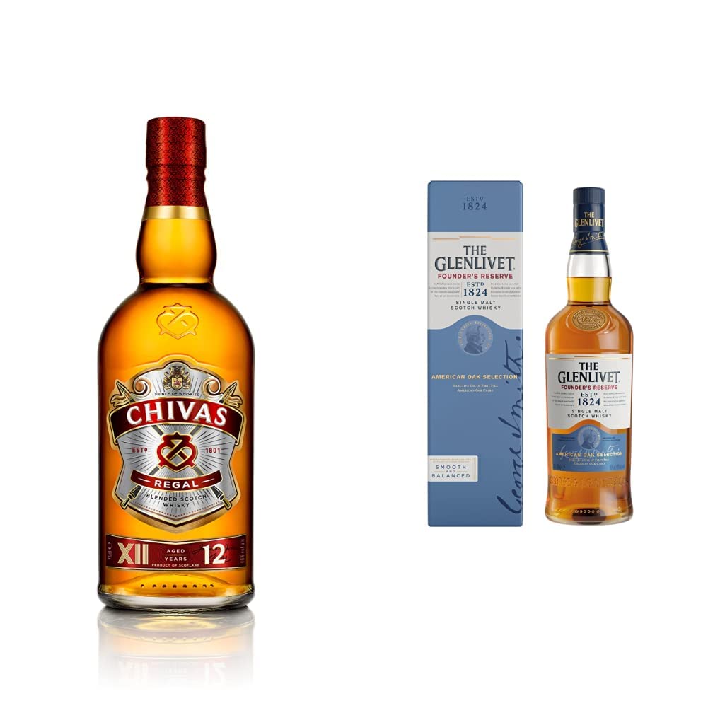 Regal 12 Year Old Blended Scotch Whisky, 70 cl & The Glenlivet Founder's Reserve Single Malt Scotch Whisky with Giftbox, 700ml