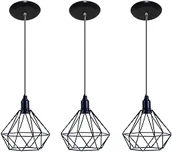 Pendentes Lustre Aramado Estilo Diamante, Kit Com 3 Peças, Preto, Cabo Ajustável de 1 Metros