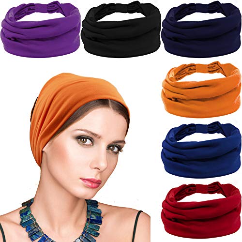 Duufin 6 Pieces Turban Headbands Elastic Turban Head Wrap Wide Headband Stylish Head Wraps Colorful Sweatband Head Scarf for Women and Girls