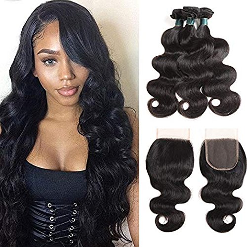 Brazilian Body Wave Bundles with Closure 100% 7A Unprocessed Virgin Hair Human Hair Bundles with Closure Natural Color (18 18 18with 16 Free Part)