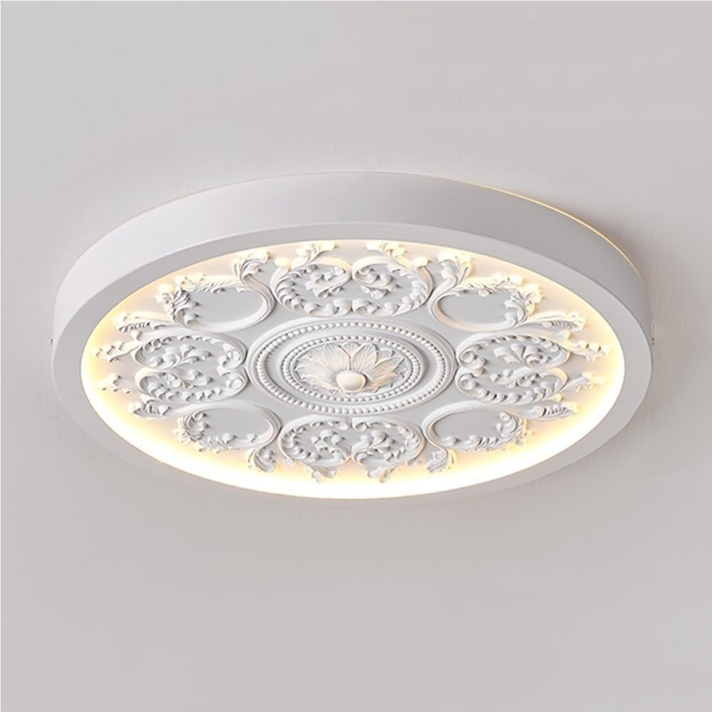 French Round Carved Flush Mount Ceiling Light Modern Thin Profile Beige or White Ceiling Lamp Farmhouse Country Close