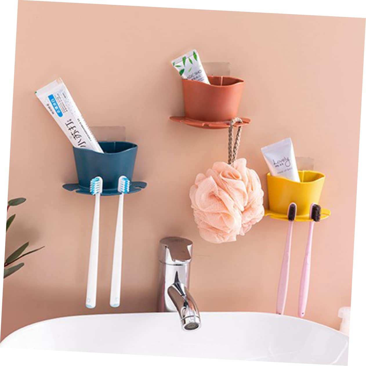 PRETYZOOM 9piezas Soporte De Cepillos De Dientes Multifuncional Estante De Almacenamiento De Autoadhesivo para Baño Diseño Sin Perforación Naranja Azul Oscuro Rosa