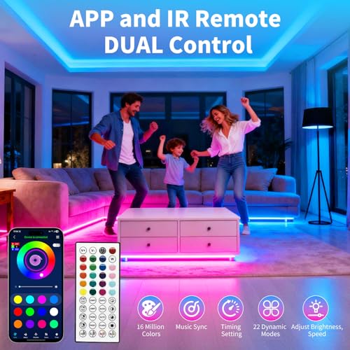 Image of LED Strip Lights,RGB Music Sync Color Changing Led Lights with Smart App Control Remote & Remote Control for Room,Part,Essential,Sense of Atmosphere Decoration(100FT-2 Rolls of 50ft)