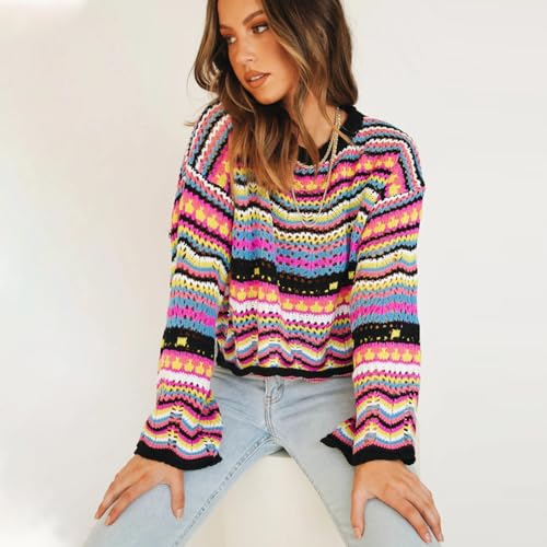 Image of Womens Colorful Striped Crochet Sweater Y2k Fall Pullover Long Flared Sleeve Crew Neck, Drop Shoulders Top Hollow Out