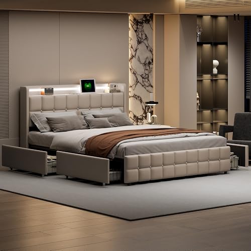 DULRLLY Bett 180x200 mit Stauraum Polsterbett Doppelbett mit 4 Schubladen und Kopfteil Stauraumbetten Jugendbett Funktionsbett 180x200 Bettgestell mit Lattenrost, Ohne Matratz,Linnen (Beige) – Bild 5