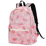 Xunteny Strawberry Mesh Backpack for Girls Women, Semi-Transparent Kids School Backpack College Bookbag for Beach Gym Travel