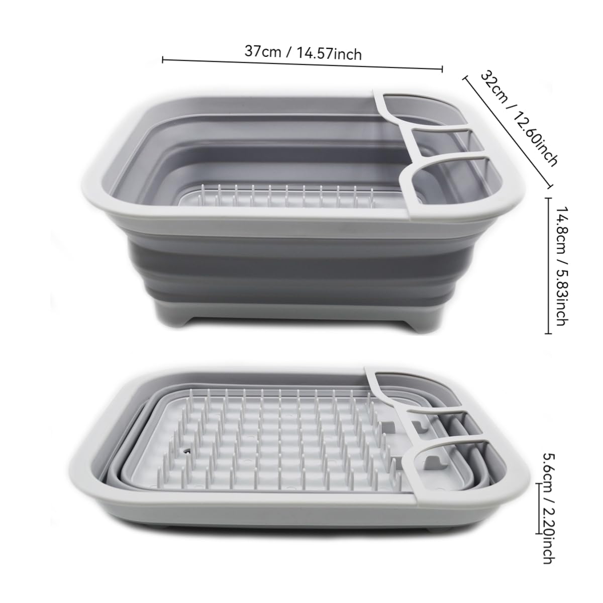 SAMMART Escurridor de platos plegable de 8.5 l (2.2 galones) con boquilla giratoria, estante de secado plegable, bandeja de almacenamiento de cocina que ahorra espacio (1, gris)