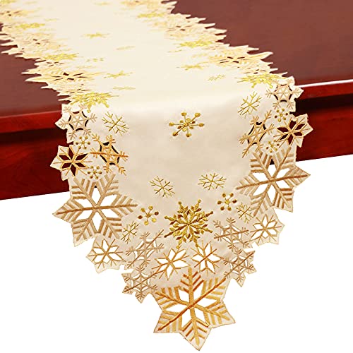 Simhomsen Embroidered Snowflakes Table Runner for Christmas Holiday and Winter (Gold, 14 x 69 inch), Gold, 14×69 inches