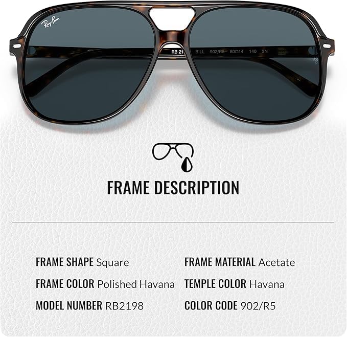 Image of Ray-Ban RB2198 BILL Square Shaped Sunglasses for Men & Women with Official RAYBAN Eyewear Kit