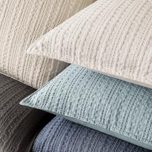 Image of Foindtower Set of 2 Decorative Cotton Waffle Weave Lumbar Throw Pillow Cover Euro Sham Cushion Covers Accent European Pillowcase For Bed Couch Sofa Bedroom Living Room Home Decor 12x20 Inch Light Blue