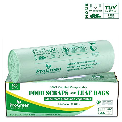 ProGreen 100% Compostable Bags 2.6 Gallon, Extra Thick 0.71 Mil, 100 Count, Small
