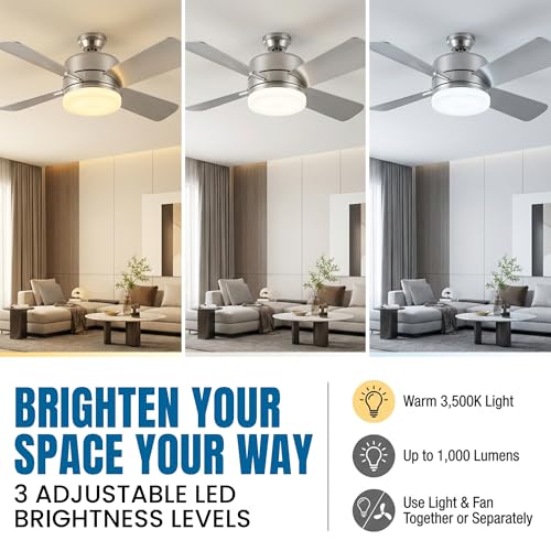 Image of Bell+Howell Socket Breeze 15.4 inch Socket Fan Light - Portable Low Profile Ceiling Fans with Lights and Remote Control For Bedroom, Kitchen, Living Room - Silver, Warm Light