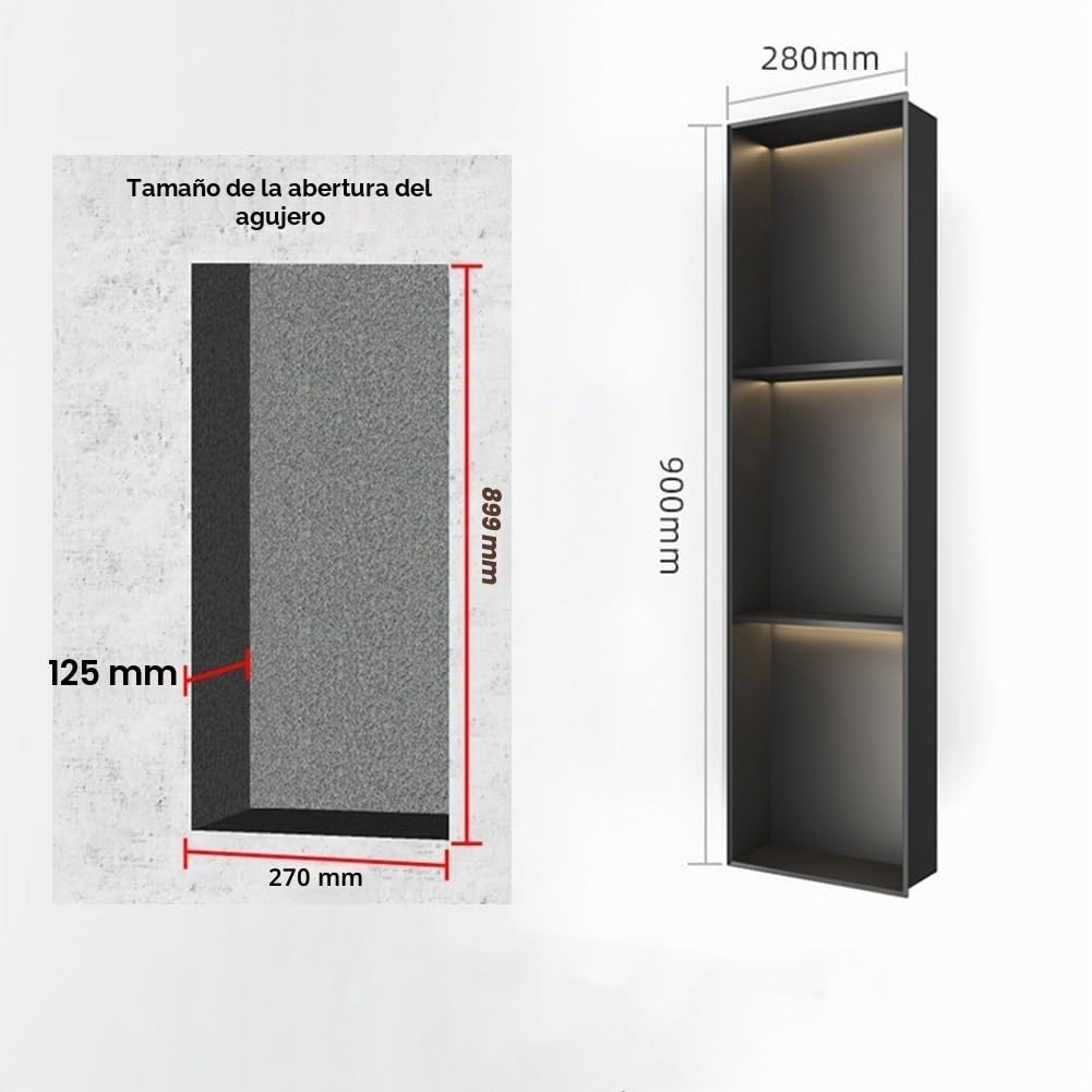 Nicho de Ducha de Acero Inoxidable con luz LED, Estante de Ducha Organizador Empotrado, Organizador de Pared Impermeable para baño (Negro, 90 x 28 x 12,5 cm)