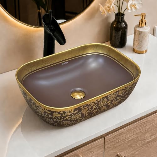 Image of Plantex Designer Ceramic Basin /Table Top Wash Basin for Bathroom /Countertop Vessel Sink - Indo-European Collection (EQTT-466, Gold & Brown)
