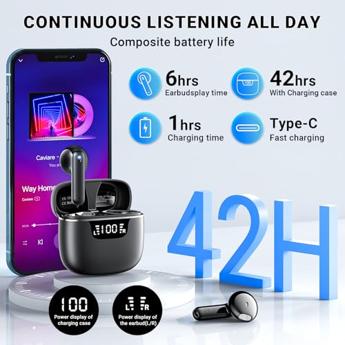 Image of Wireless Earbuds, Bluetooth 5.4 Headphones with 42H Ultralight Ear Buds, Bluetooth Earbuds with 4 ENC Noise Cancelling Mics, HiFi Deep Bass Dual LED Display USB-C, IPX6 Waterproof Earphones Black