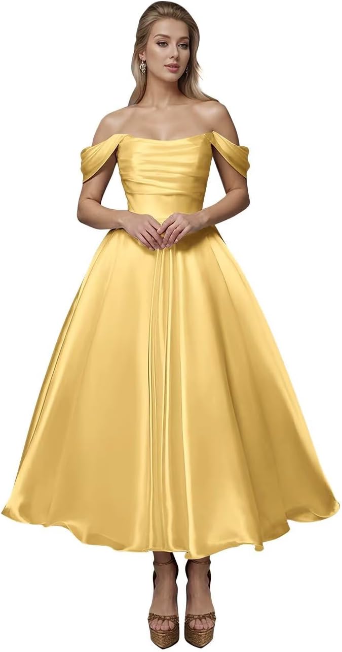 Off Shoulder Satin Wedding Dresses for Bride Tea Length A Line Prom Dresses Pleated Modest Cocktail Party Gown