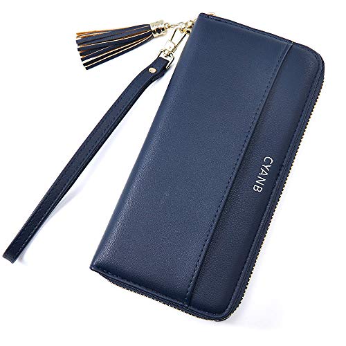 CYANB Women Wallets Tassel Bifold Ladies Clutch Wristlet Wrist strap Long Purse PU Leather Dark Blue