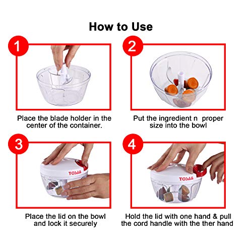 Image of Tosaa Vegetable Pull Chopper 450 ml with Bowl & 3 SS Spiral Blades (Color May Vary, Plastic)