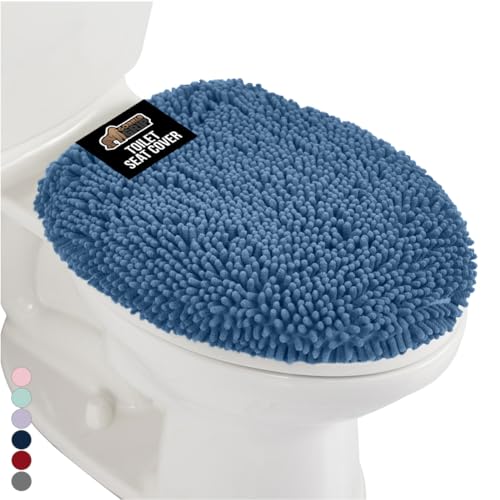 Image of Gorilla Grip Original Shag Chenille Bathroom Toilet Lid Cover, 19.5 x 18.5 Inches Large Size, Machine Washable, Ultra Soft Plush Fabric Covers, Fits Most Size Toilet Lids for Bathroom, Blue