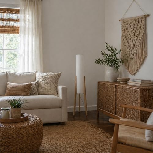 Image of Log Wood Tripod Floor Lamp,Modern Farmhouse Style,50 Inch Height