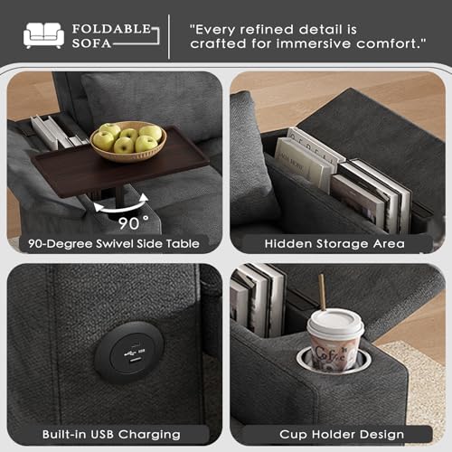 Image of Dreamzie 65'' 3 in 1 Convertible Sleeper Sofa Bed, Chenille Pull Out Couch for Living Room with 90 Swivel Side Table, Loveseat Sleeper with Charging Port | Side Pocket | Cup Holders, Grey