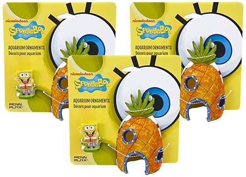 Image of Penn-Plax Spongebob and Pineapple House Aquarium Ornament | 2 Piece Set | Great for Fresh or alt Water Tanks (Pack of 3)