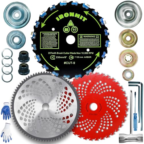 IRONHIT 9 x 20T Chainsaw Tooth Brush Cutter Blades 9 x 36 Teeth Carbide Tipped Blades 10 x 80T Carbide Tip Blades Trimmer Blades 1 / 2.54MM Arbor Size (3 Blades with Adaptor Kits)