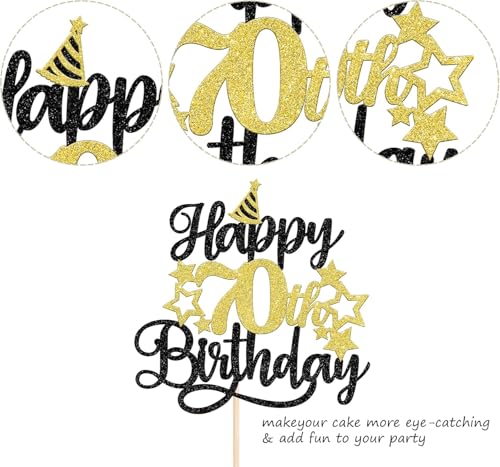 Image of Confetti! Glittering 70th Birthday Cake Topper with Star Hat - Cheers to 70 Years! Fabulous Cake Decorations for Elders 70th Birthday & Anniversary Party Supply