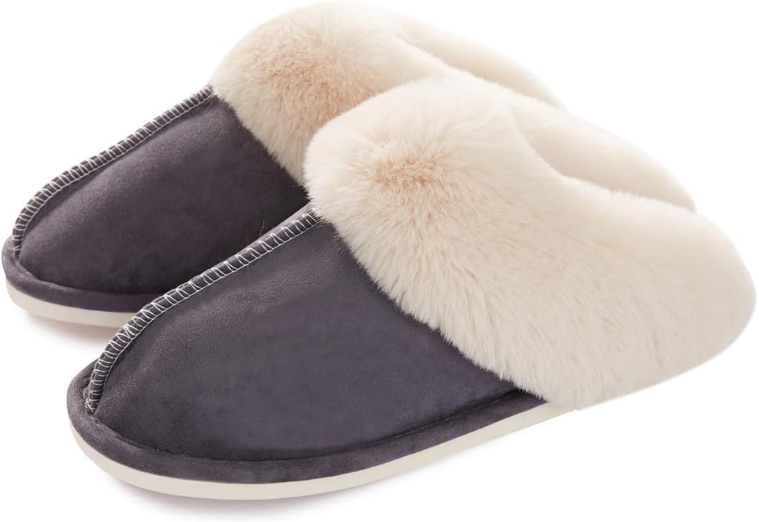 Misolin Womens Slipper Memory Foam Fluffy Slip-on House Faux Suede Fur Lined/Anti-Skid Sole, Indoor & Outdoor