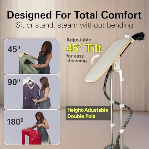 Image of Hamilton Beach Garment Steamer with Stand & Ironing Board, Garment Steamer for Clothes, 45g /min Steam Output, 20s Heat-Up, 6 Steam Levels, Standing Iron Steamer for Clothes with Press Stand (Black)