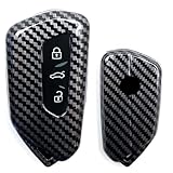 iJDMTOY Gloss Black Carbon Fiber Pattern Exact Fit Key Fob Cover w/Chrome Edging Trim Compatible with Volkswagen MK8 Golf/GTI, Skoda Octavia 3/4/5-Button Smart Key