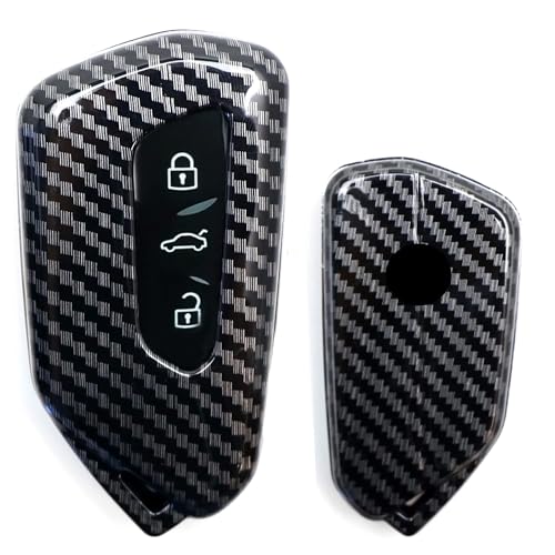 iJDMTOY Gloss Black Carbon Fiber Pattern Exact Fit Key Fob Cover w/Chrome Edging Trim Compatible with Volkswagen MK8 Golf/GTI, Skoda Octavia 3/4/5-Button Smart Key